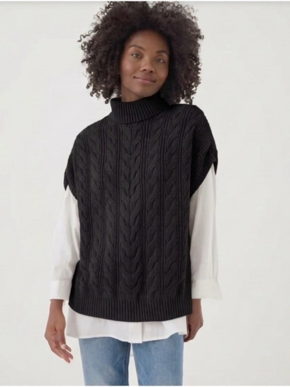 Pact Organic Cotton Black Cable-Knit Turtleneck Sweater Vest Poncho Size XS/S